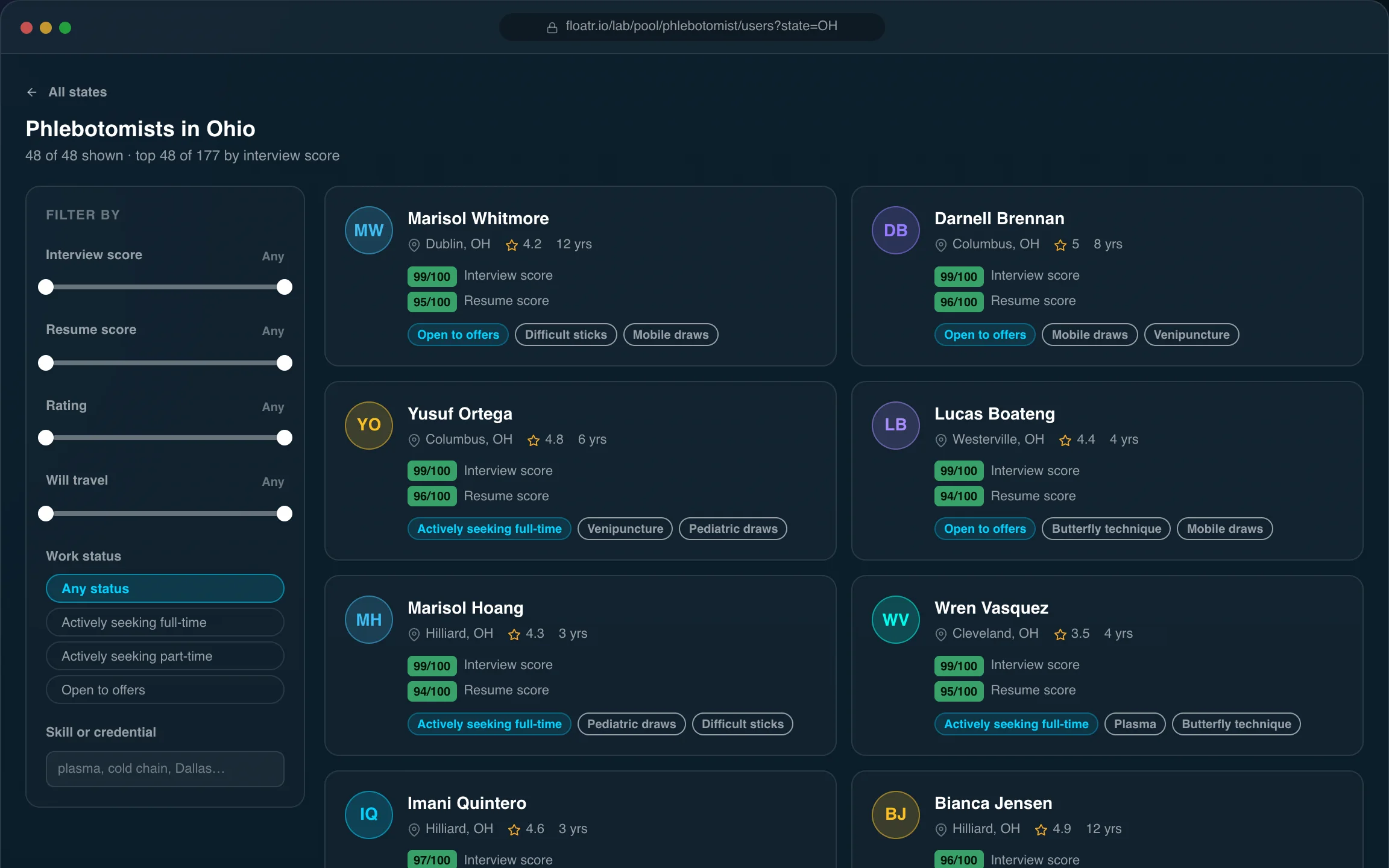 Pool screen of the FloatR app