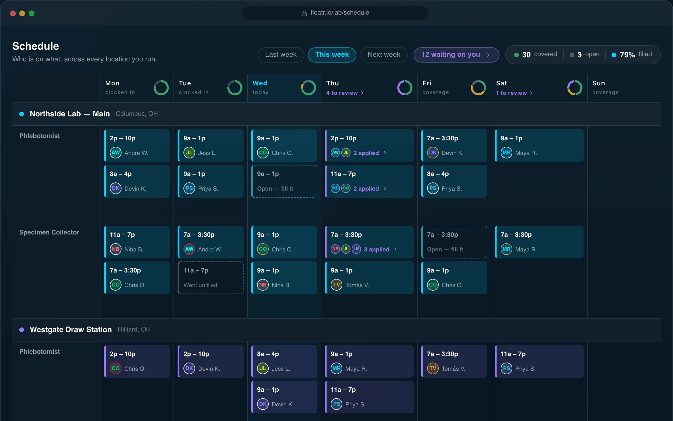 Schedule screen of the FloatR app